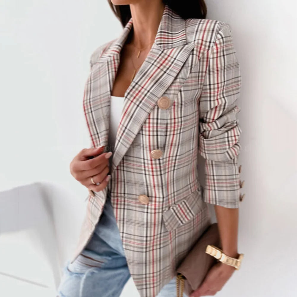Womens Checkered Blazer Thermal Lined Polyester Versatile Grayish Red