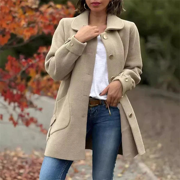 Manteau en laine à boutons sur le devant et revers crantés, coloris romarin, pour femme