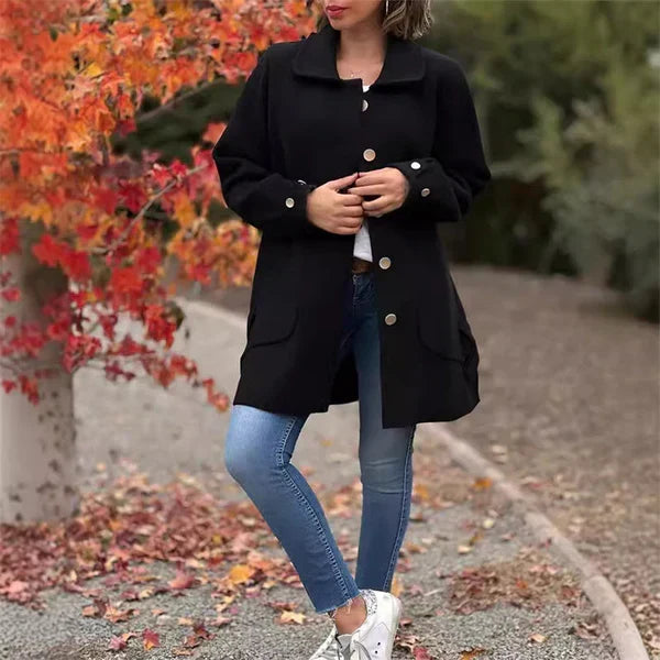 Manteau en laine à boutons sur le devant et revers crantés, coloris romarin, pour femme
