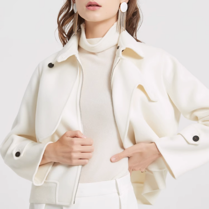 Women's Cropped Wool Jacket with Notch Lapel Design
