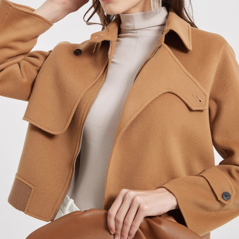 Women's Cropped Wool Jacket with Notch Lapel Design