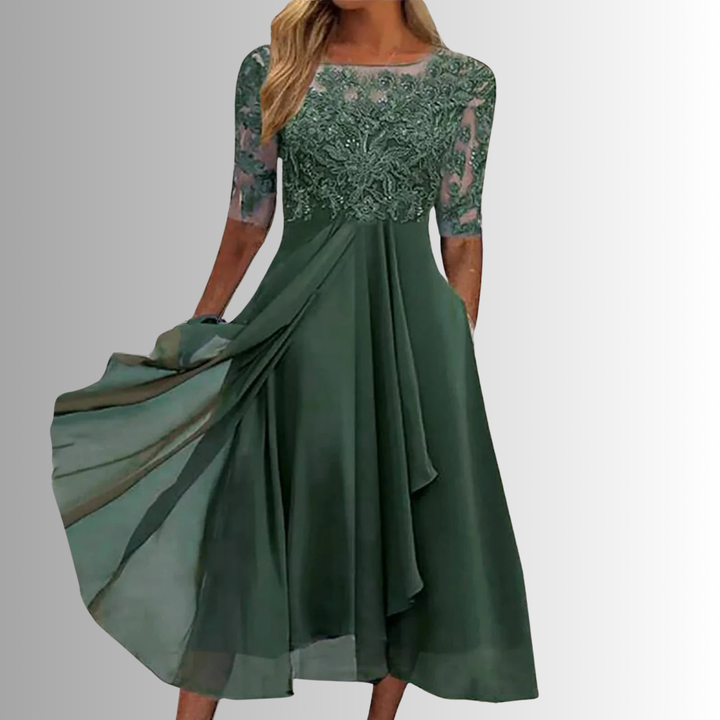 Sarah | Vestido Midi A-Line de Meia Manga para Mulheres, Ideal para Convidadas de Casamento