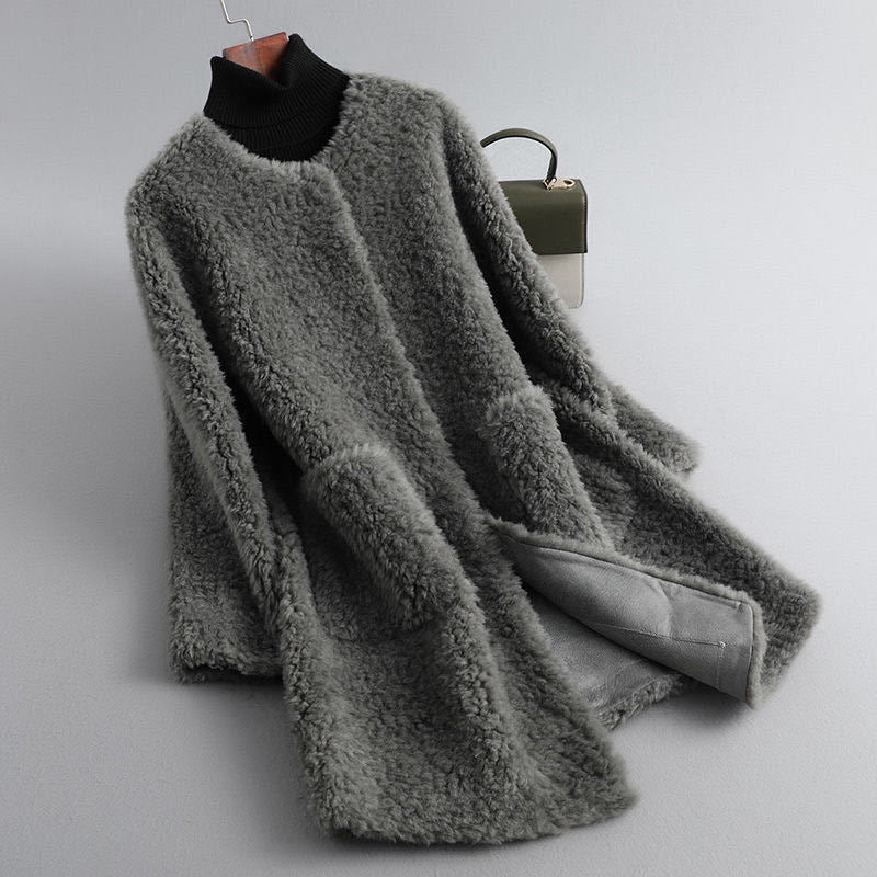 Manteau en peau lainée pour femme, ouvert sur le devant, avec poches
