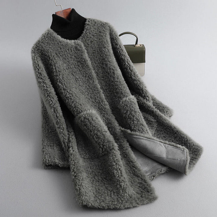 Manteau en peau lainée pour femme, ouvert sur le devant, avec poches