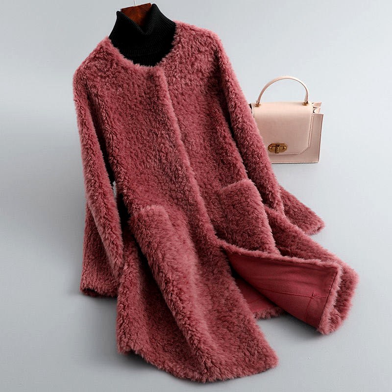 Manteau en peau lainée pour femme, ouvert sur le devant, avec poches