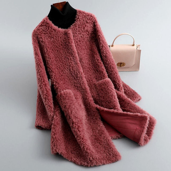Manteau en peau lainée pour femme, ouvert sur le devant, avec poches