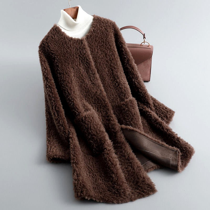 Manteau en peau lainée pour femme, ouvert sur le devant, avec poches