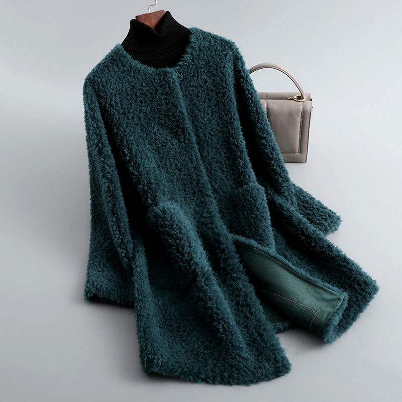 Manteau en peau lainée pour femme, ouvert sur le devant, avec poches