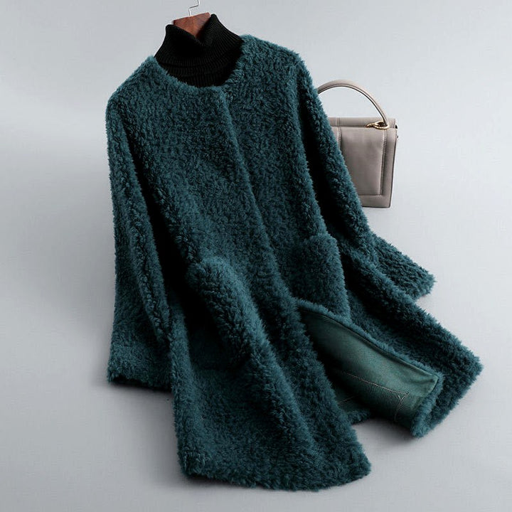 Manteau en peau lainée pour femme, ouvert sur le devant, avec poches