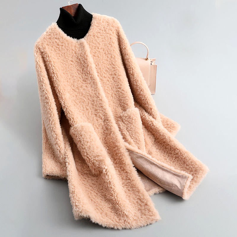 Manteau en peau lainée pour femme, ouvert sur le devant, avec poches