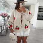 Lightweight Knit Soft Beige Bow Tie Cardigan One size fits all