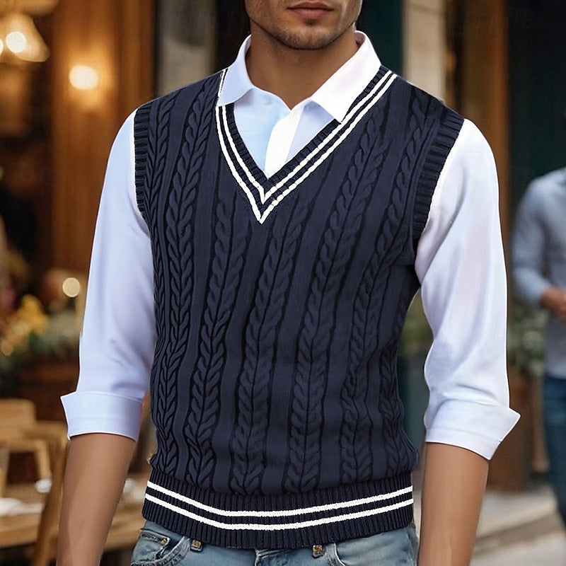 Chaleco de punto trenzado con cuello de pico para hombre