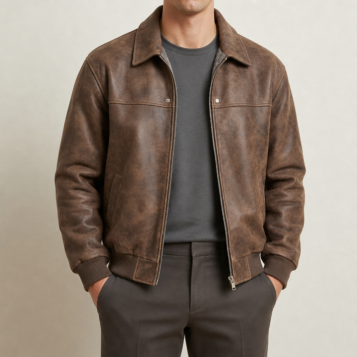 Men's Vintage Leather Bomber Jacket with Ribbed Trim