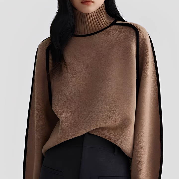 Women's Ribbed Turtleneck Sweater with Contrast Trim