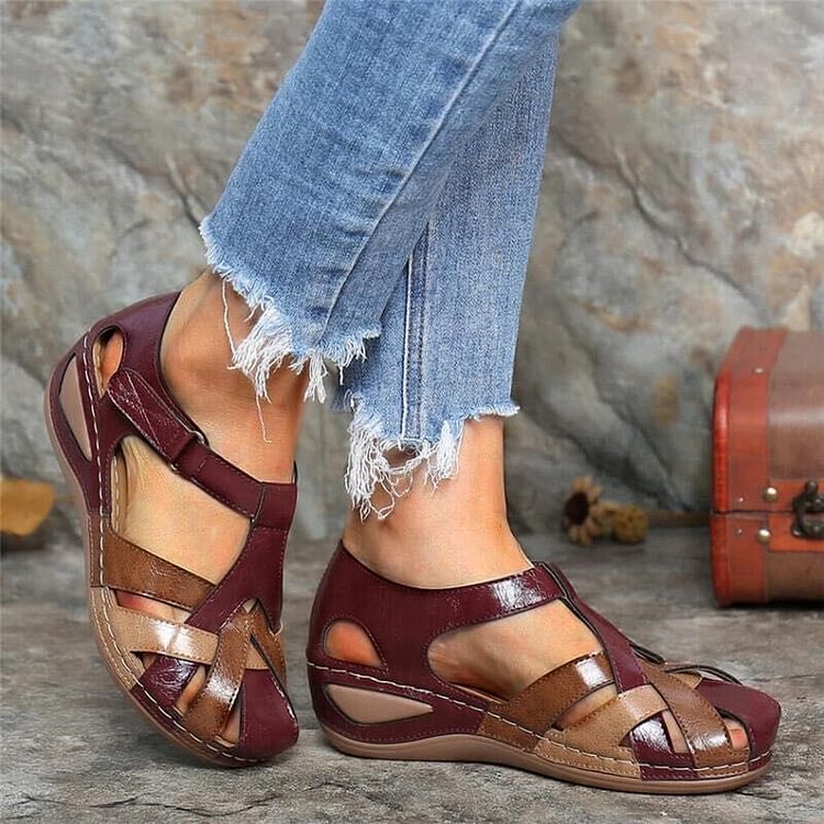 Orthopedic Leather Wedge Sandals With Arch Support For Pain Red