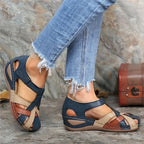 Orthopedic Leather Wedge Sandals With Arch Support For Pain Blue