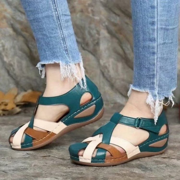 Orthopedic Leather Wedge Sandals With Arch Support For Pain Green