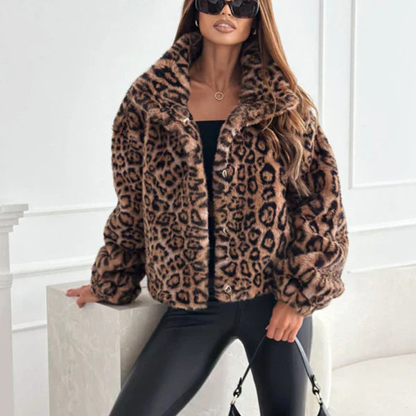 Leopard Print Plush Short Jacket Cozy Warm Outerwear
