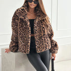 Leopard Print Plush Short Jacket Cozy Warm Outerwear Brown