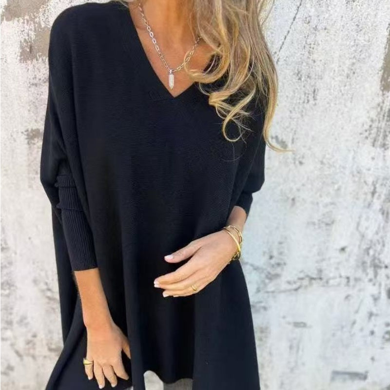Women's Cozy Loose Fit V-Neck Top Black One Size