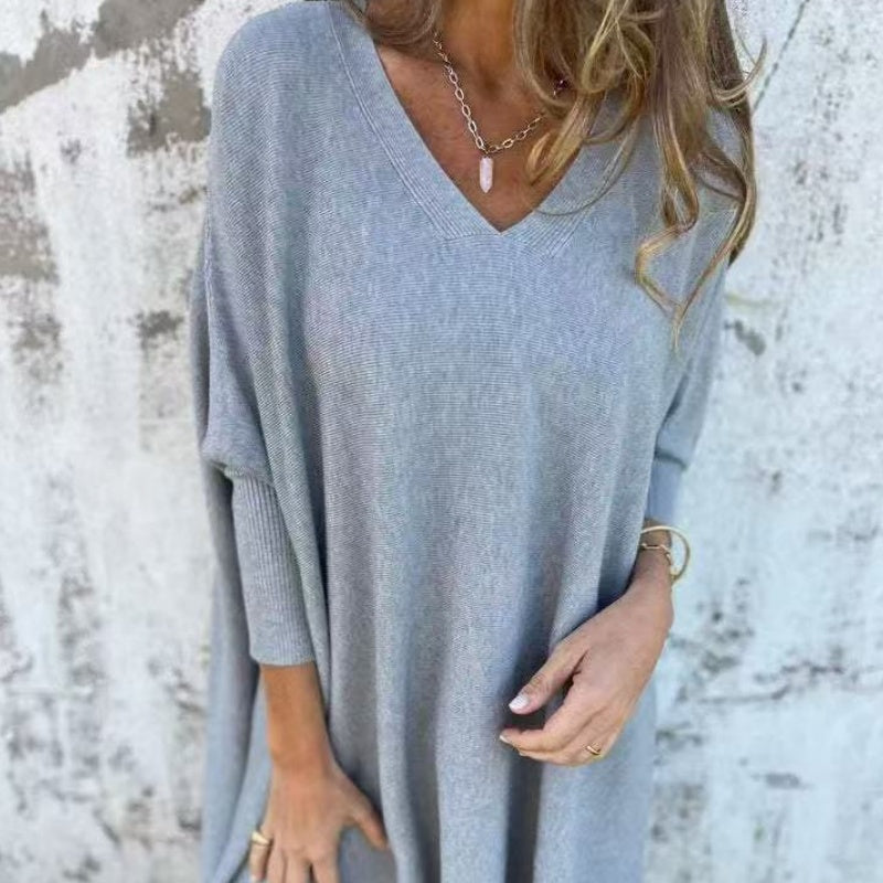 Women's Cozy Loose Fit V-Neck Top Gray One Size