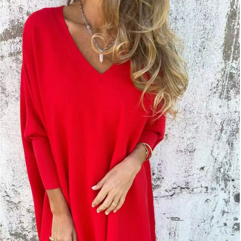 Women's Cozy Loose Fit V-Neck Top Red One Size