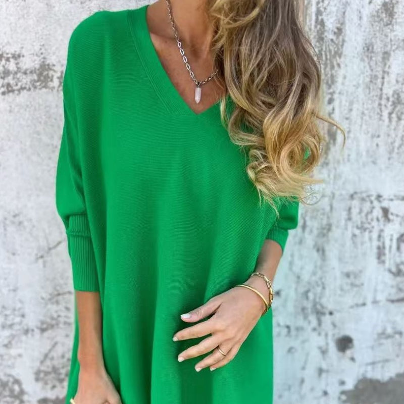 Women's Cozy Loose Fit V-Neck Top Green One Size