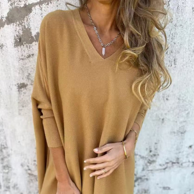 Women's Cozy Loose Fit V-Neck Top Khaki One Size