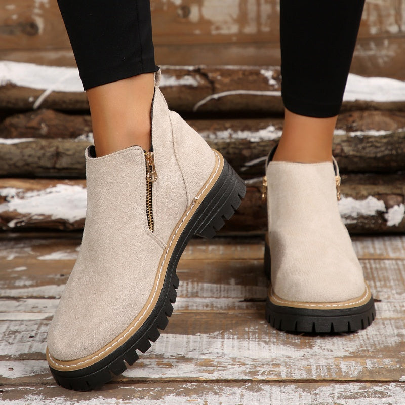 Women's Chunky Side Zip Ankle Boots Beige