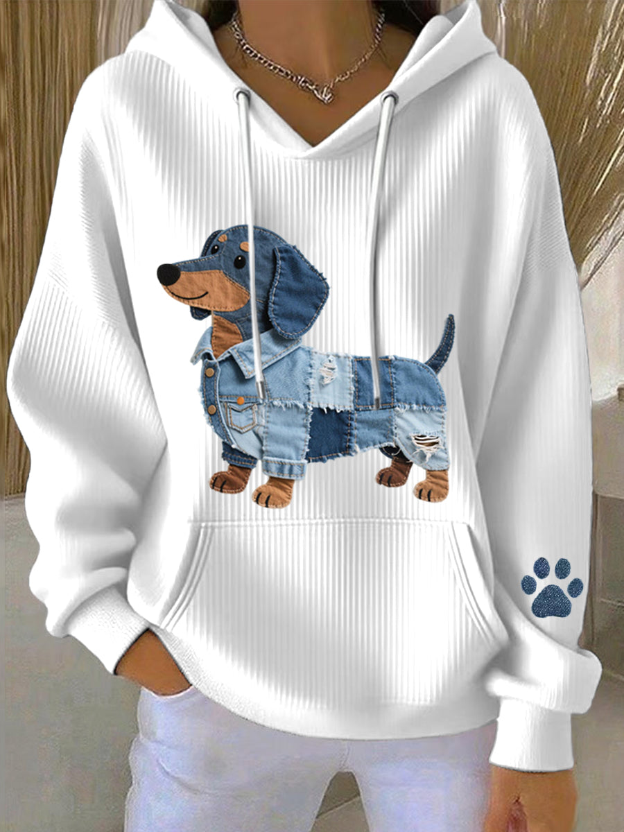 Sudadera con capucha estampada de dachshund | Sudadera artística de patchwork para mujer