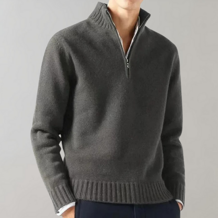 Men's Half-Zip Pullover Sweater with Ribbed Neckline Gray
