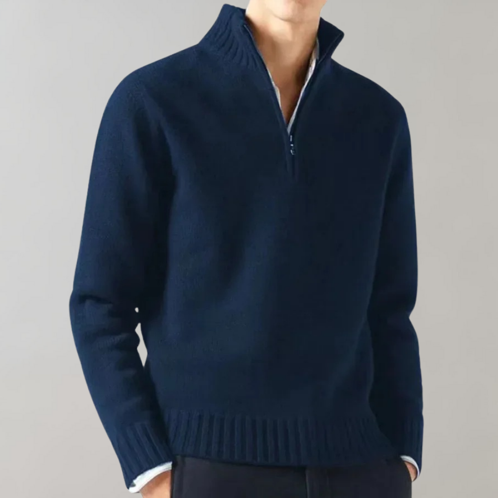 Men's Half-Zip Pullover Sweater with Ribbed Neckline Navy Blue