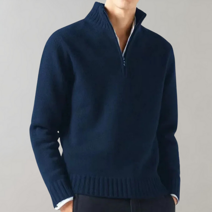 Men's Half-Zip Pullover Sweater with Ribbed Neckline Navy Blue