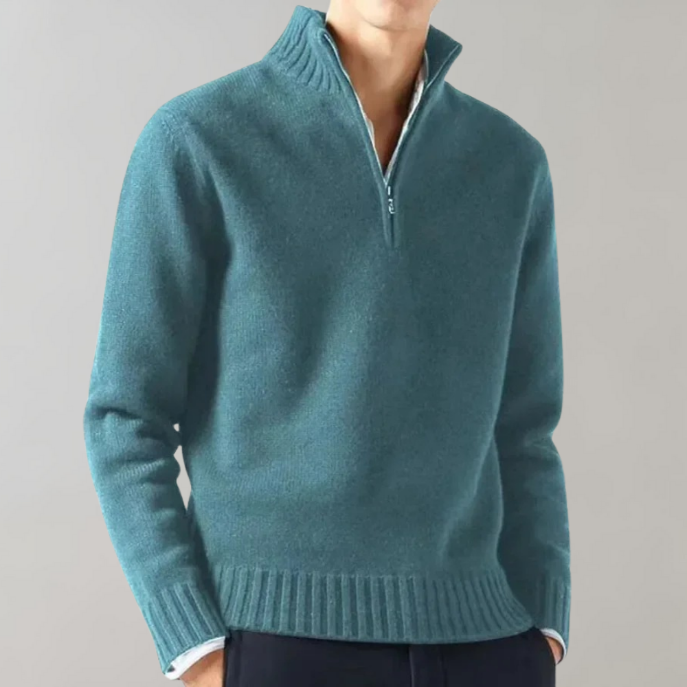 Men's Half-Zip Pullover Sweater with Ribbed Neckline Lake Blue