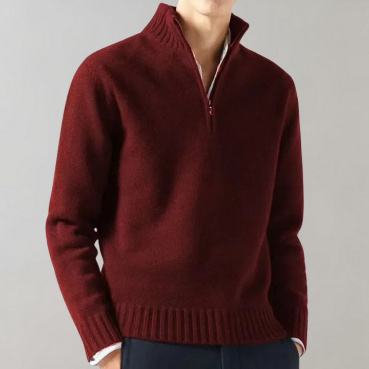 Men's Half-Zip Pullover Sweater with Ribbed Neckline Red