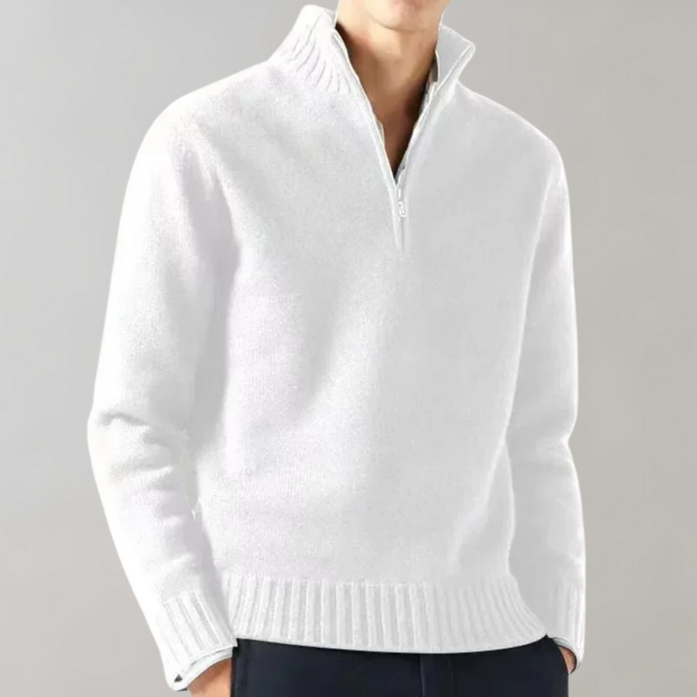 Men's Half-Zip Pullover Sweater with Ribbed Neckline White