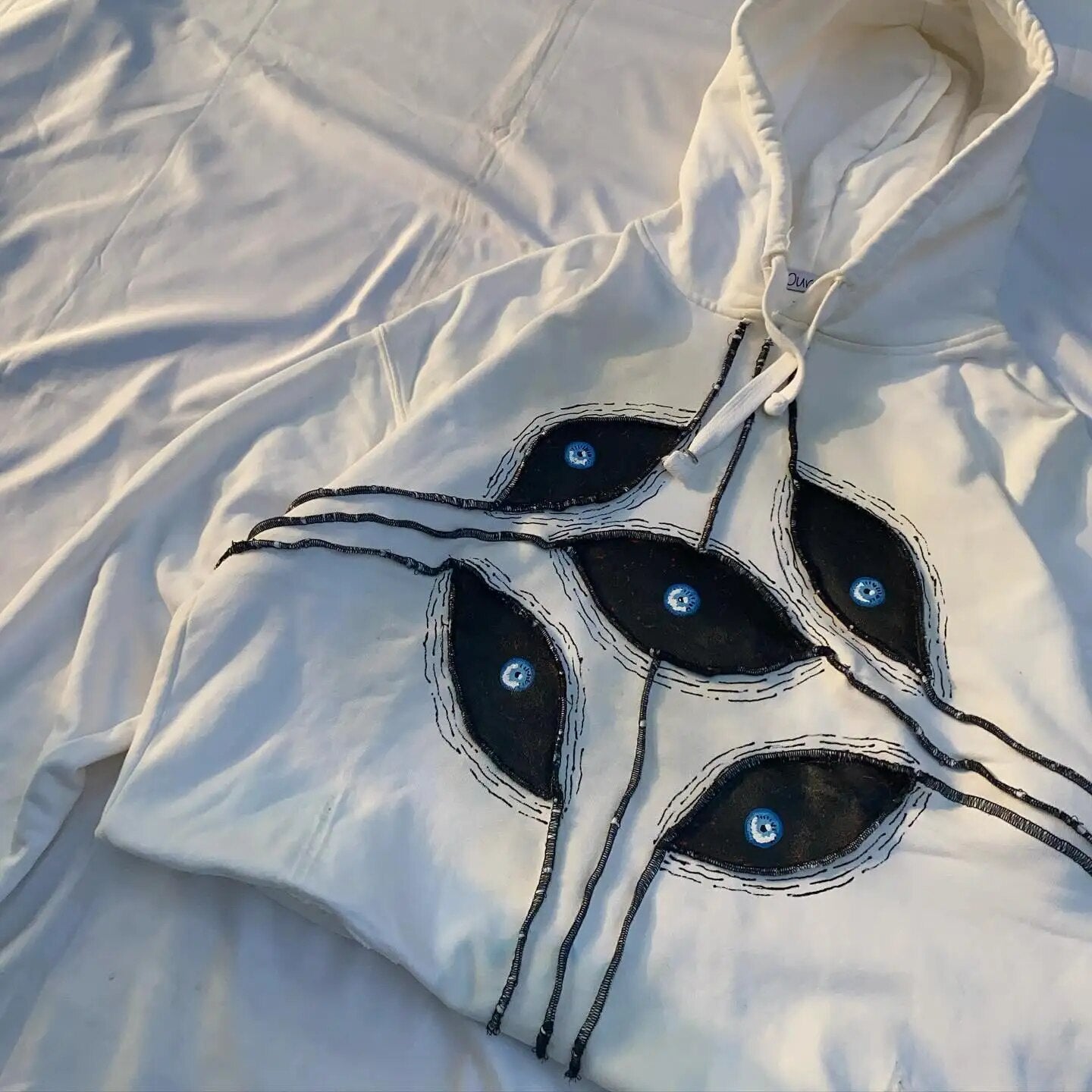 Eye Patchwork Hoodie for Bold Japanese Streetwear Style White