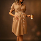 Women's Elegant Button Dress Beige