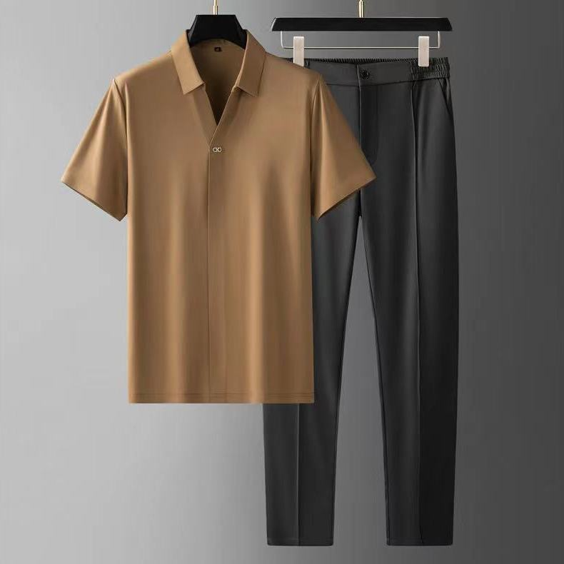 Men’s Two-Piece Pant Set – Short Sleeve Polo Shirt & Ankle-Length Pants-MODAUTLET