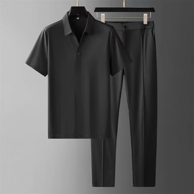 Men’s Two-Piece Pant Set – Short Sleeve Polo Shirt & Ankle-Length Pants Black