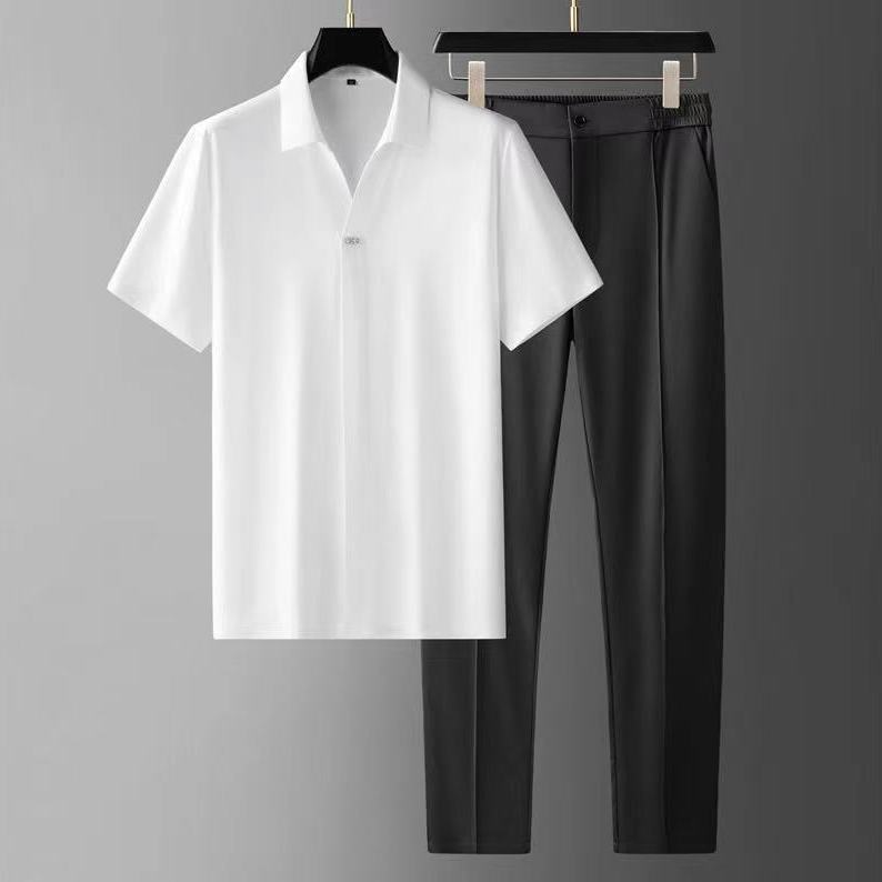 Men’s Two-Piece Pant Set – Short Sleeve Polo Shirt & Ankle-Length Pants White