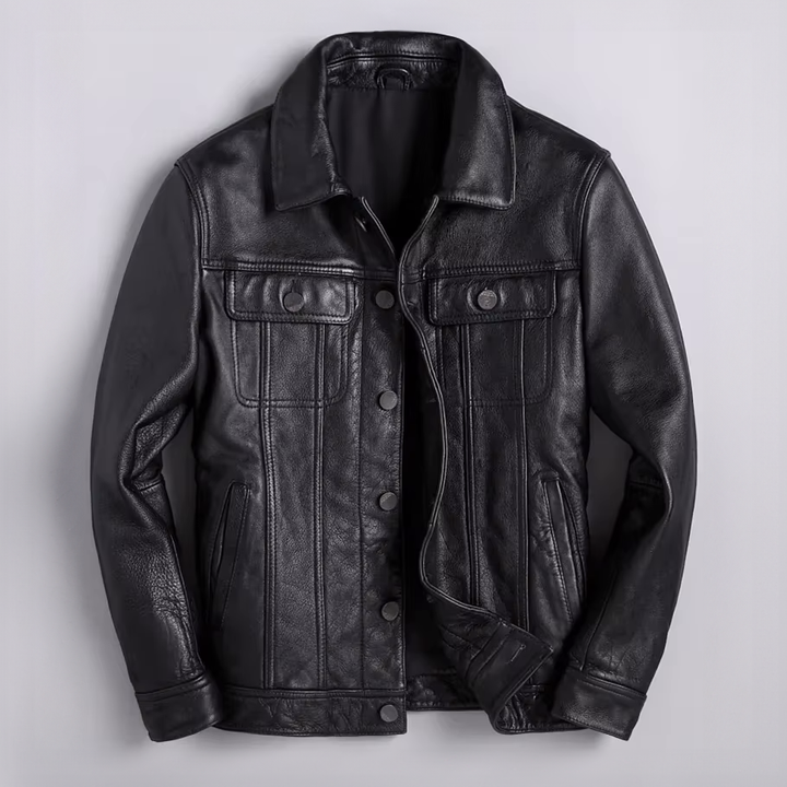 Chaqueta de cuero desgastado para hombre con botones frontales