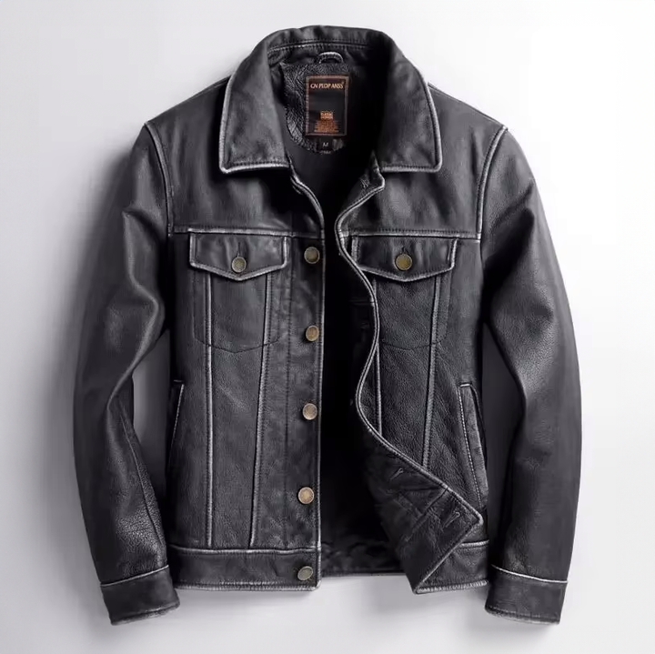 Chaqueta de cuero desgastado para hombre con botones frontales