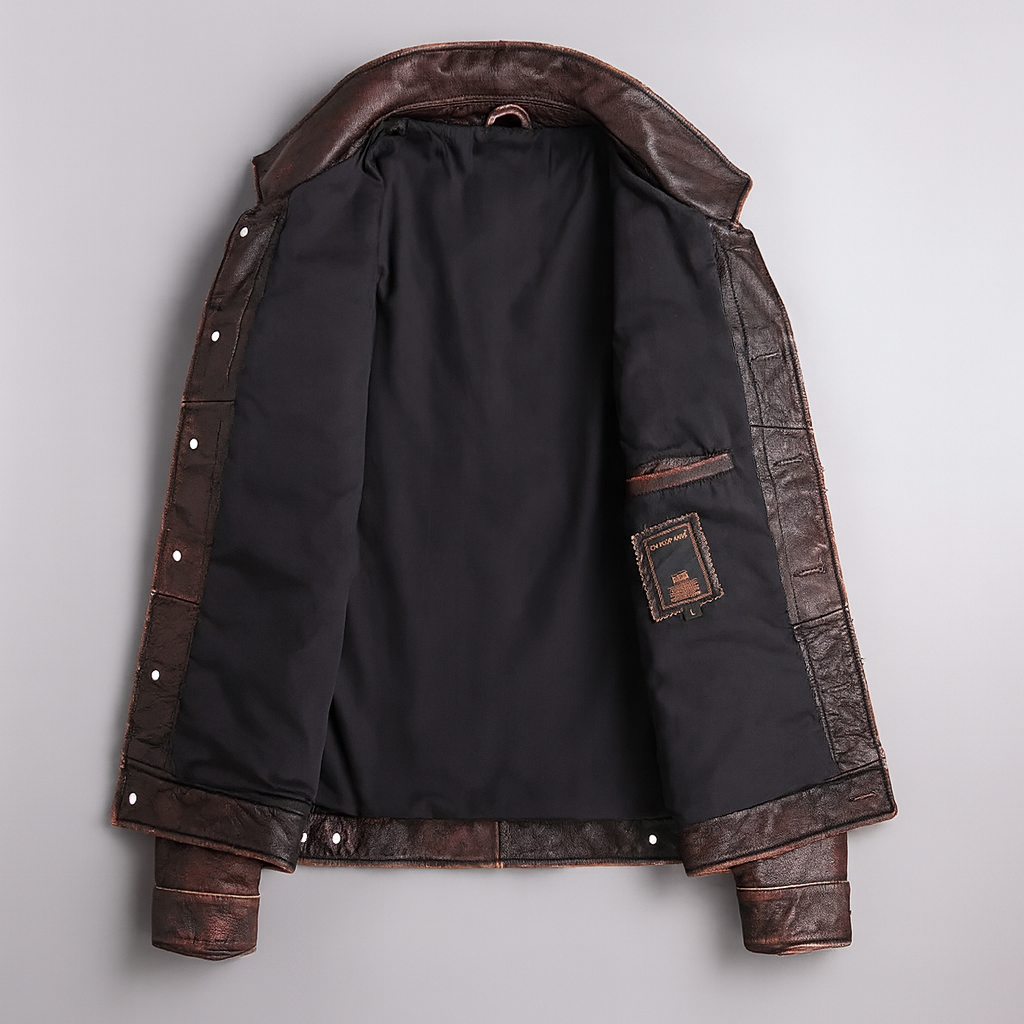 Chaqueta de cuero desgastado para hombre con botones frontales