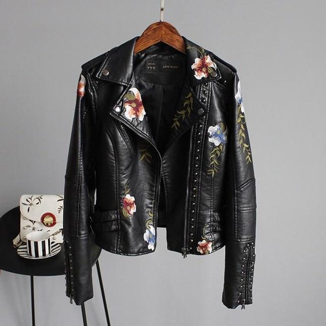 Embroidered Leather Jacket Women Elegant Tailored Fit Black