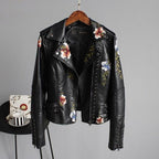 Embroidered Leather Jacket Women Elegant Tailored Fit Black