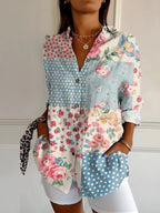 Women's Stylish Floral Button-Down Blouse Blue Flower