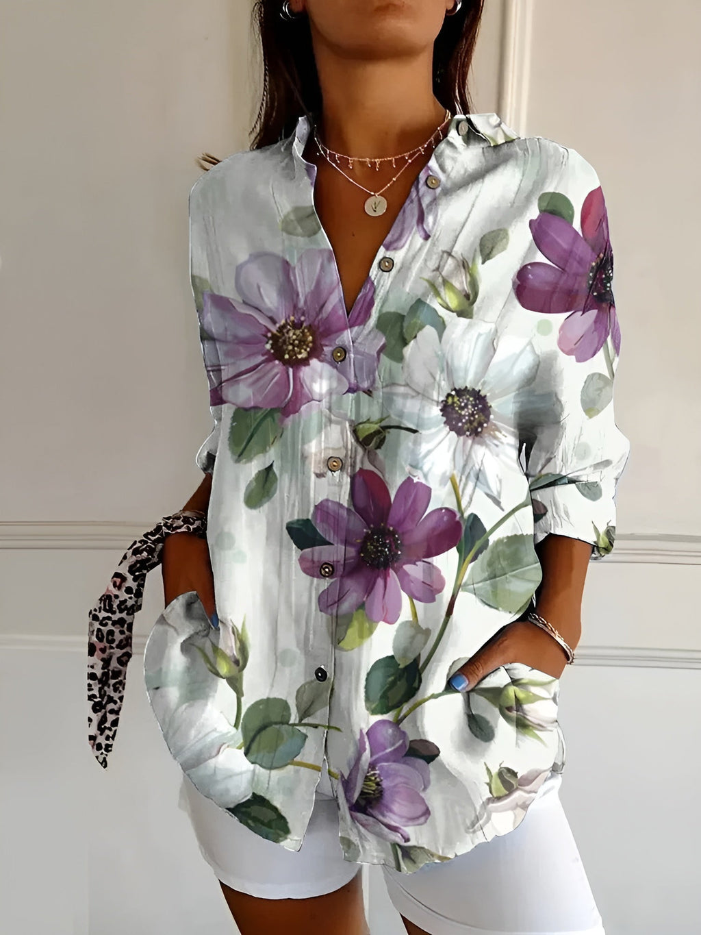 Women's Stylish Floral Button-Down Blouse Purple Flowers