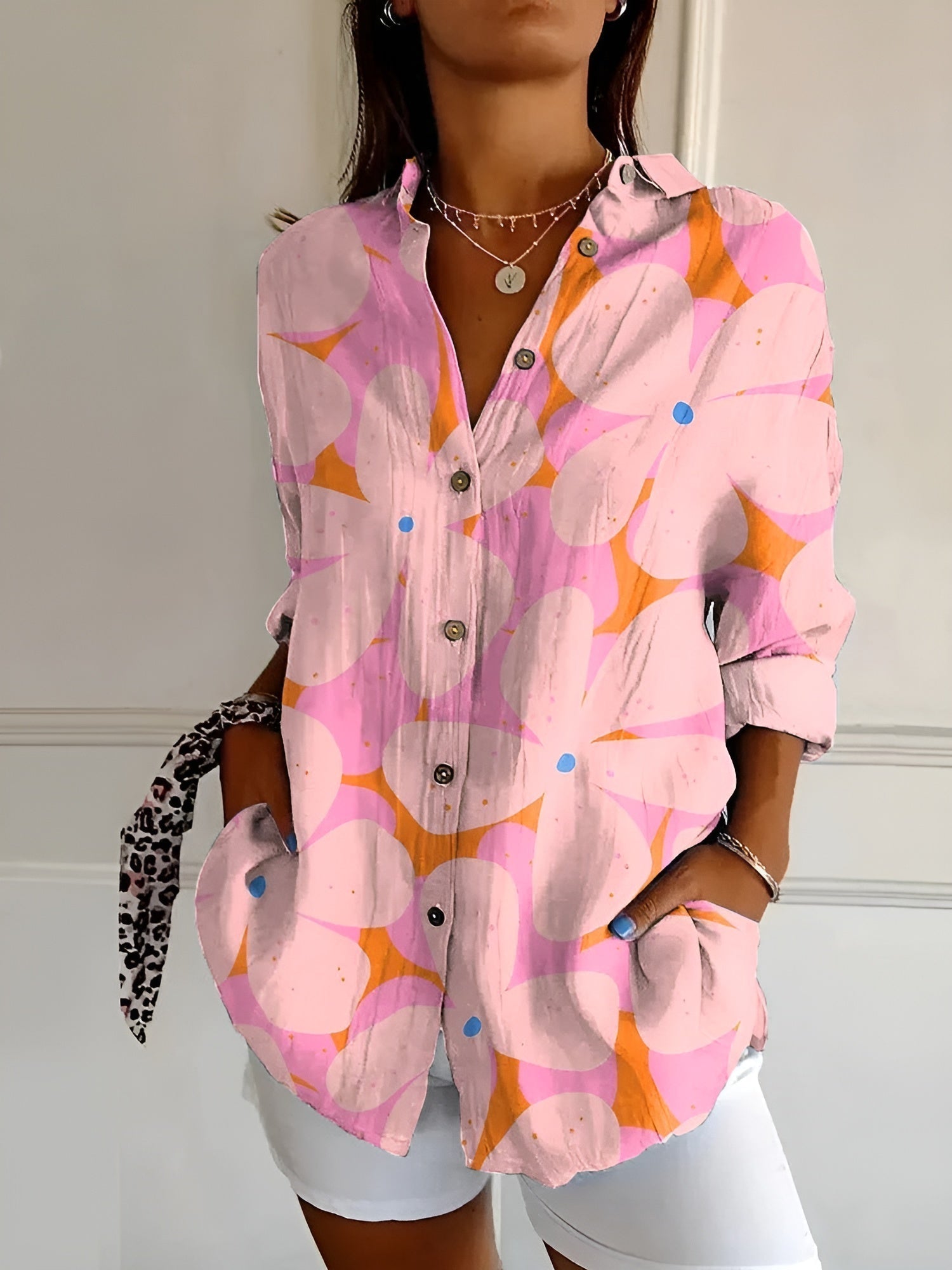 Women's Stylish Floral Button-Down Blouse Pink Flower