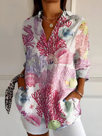 Women's Stylish Floral Button-Down Blouse Pink Marine Life